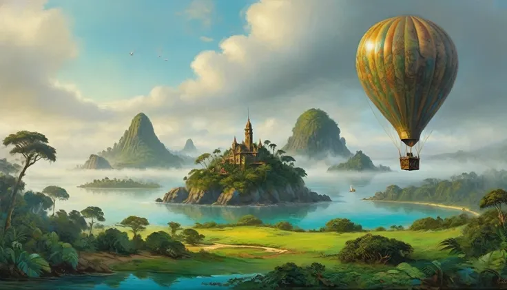 [panoramic view]: (Mysterious island shrouded in fog, tropics, balloon, intricate plot by Jules Verne),((oil painting knife)), rainessanse older gradient, Complex details, intricate, aesthetics, ((best quality, Masterpiece)),
((Highest detail), Octane rend...