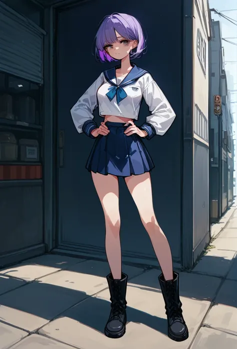 Masterpiece, best quality, high resolution, 1 woman , straight purple hair , Bob , conjunctivitis , A cold expression , sailor shirt , short skirt , boots, Long legs , full body , abdomen , big breasts , Put your hands on your hips... , roadside