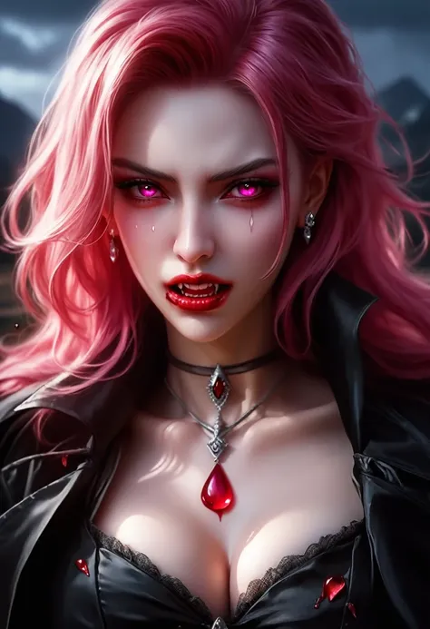 aa portrait of vampire with a bloody tear coming down from he eye, an exotic beautiful female vampire, pink hair color, dynamic ...