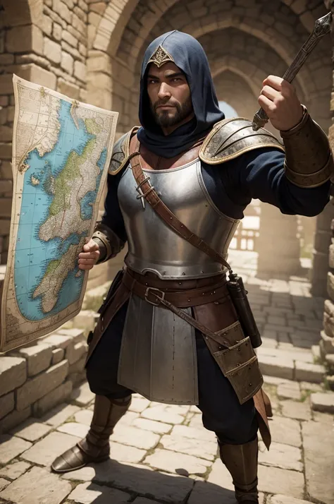 Medieval warrior holding a map, with 3d game graphics