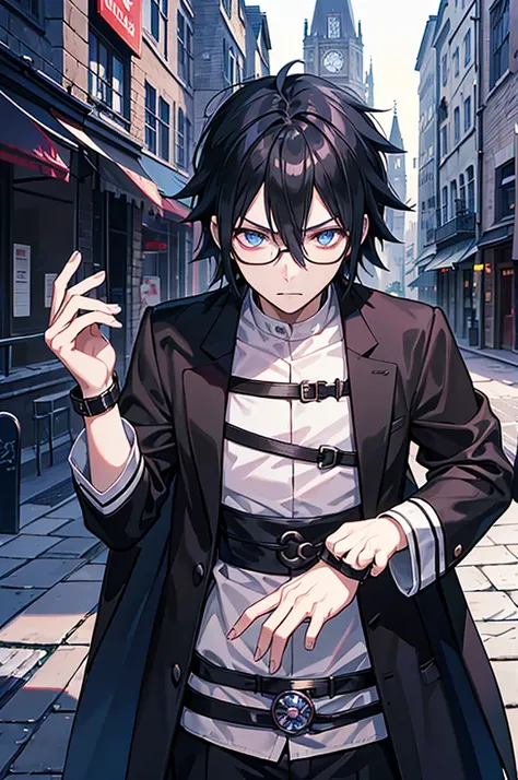 young man, magician, long black hair, blue eyes, wears glasses, wears black magician clothes, hair like Sasuke Uchihas, cold personality. Manly, medieval city background, adventurous magician.