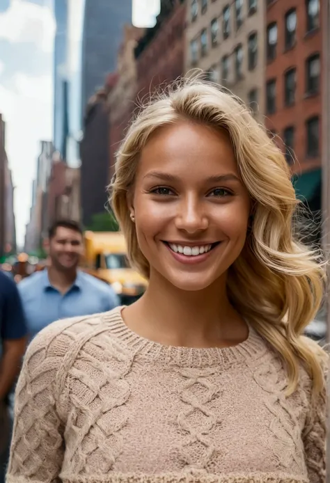 very detailed, women , knit shirt, blond hair, tanned skin, smiling. focus on the face, blond eyes looking at camera. The background is New York City