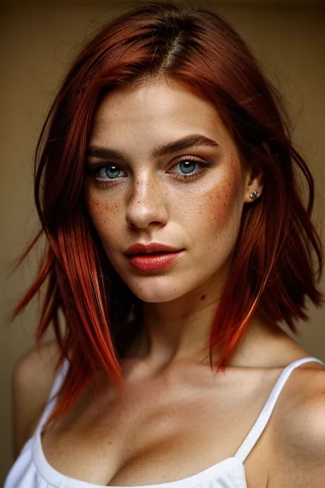 make her with dyed red hair, y con pecas, (ojos azules).