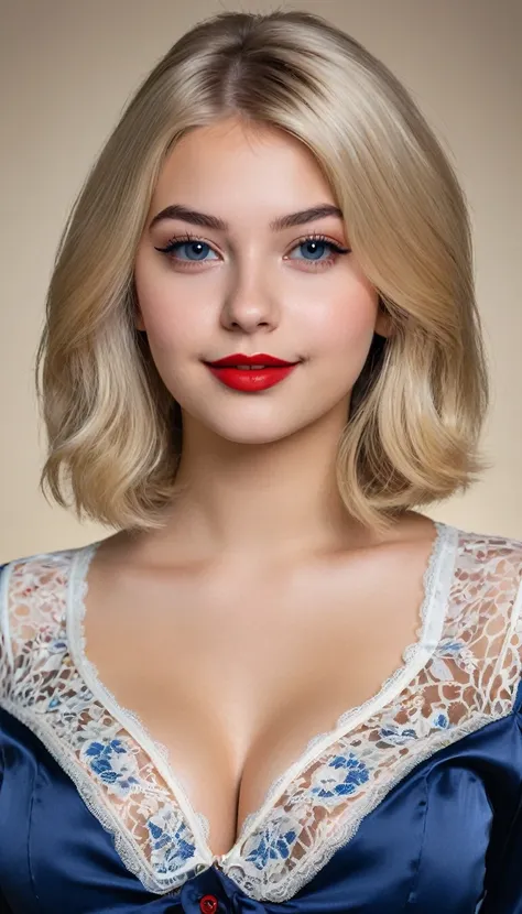 ultrarealistic high quality mugshot photo of a beautiful busty european 18-year-old teen girl with cute hyperdetailed shy happy face and shoulder length platin-blonde classic bob and long legs, realistic round eyes, red lipgloss, decent makeup with eyeline...