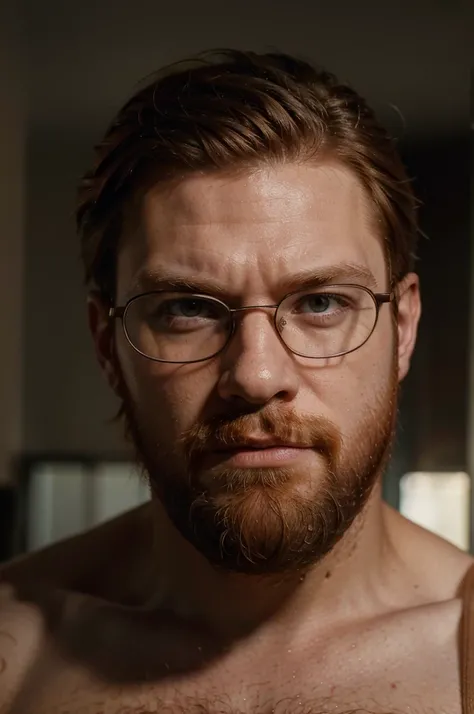 A portrait of a muscular redhead bearded man with short hair and a long beard wearing glasses looking sternly at the camera, (Best quality, 4k, Masterpiece :1.3)