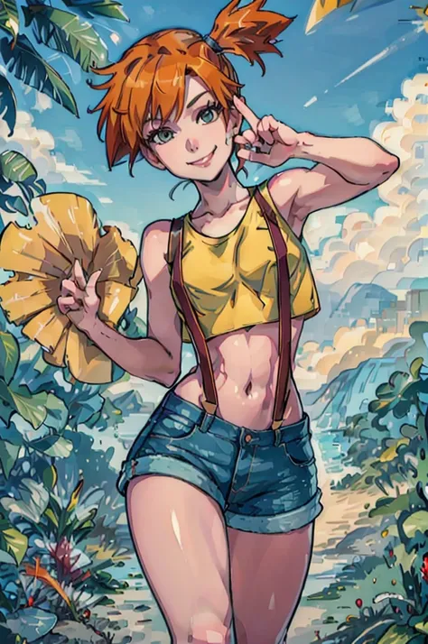 ((masterpiece,best quality)), absurdres,
Misty_Pokemon, yellow crop top, suspenders, side ponytail, orange hair, denim shorts, 
solo, smiling, looking at viewer, cowboy shot,
cinematic composition, contrapposto, peace sign,
tropical beach,