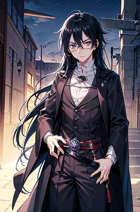 young, magician, long black hair, blue eyes, wears glasses, wears black magicians clothes, hair like Sasuke Uchihas, long hair, cold and intellectual personality. Manly, medieval city background, adventurous magician.