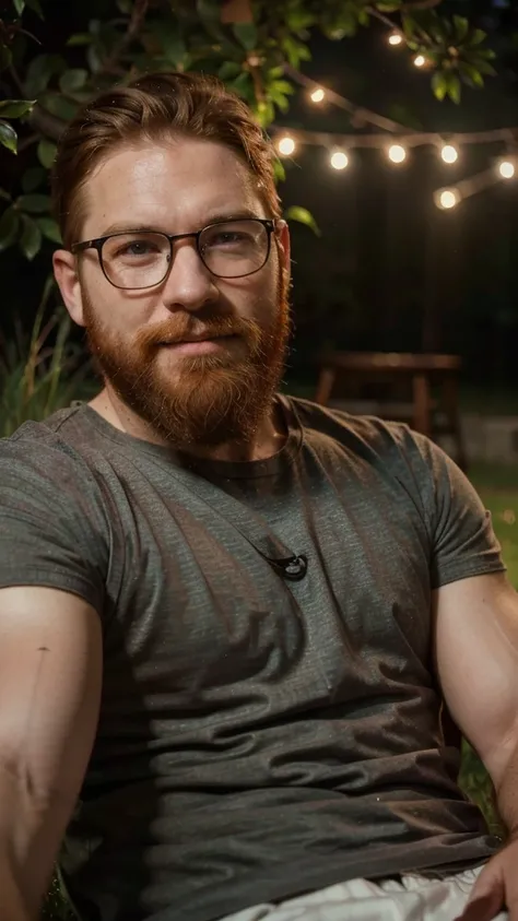 A portrait of a muscular redhead bearded man with short hair and a long beard wearing glasses, wearing shirt, laying on the grass, night time, smile (Best quality, 4k, Masterpiece :1.3)