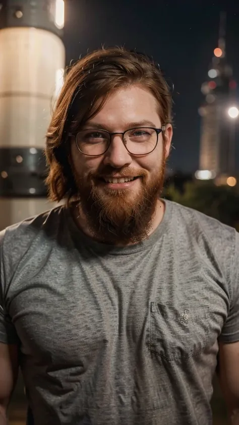 A portrait of a muscular redhead bearded man with short hair and a long beard wearing glasses, wearing shirt, staying near the rocket, night time, smile (Best quality, 4k, Masterpiece :1.3)