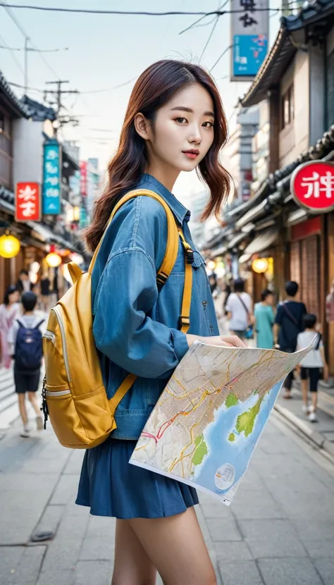 korean girl holding map in hand standing on Seoul city street , backpack bag on back  , vibrant image , realistic 