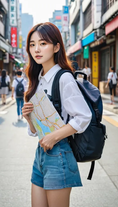 korean girl holding map in hand standing on Seoul city street , backpack bag on back  , vibrant image , realistic 