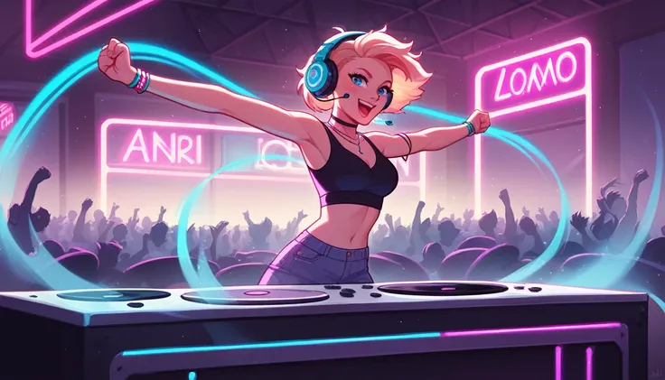 Female DJ, Energetic, self-assured,  atmosphere, Turntable, Earphone, fashionable attire, Vibrant colors, Neon lights, smoke effect, Dancing crowd, Hands in the air, Stage, Mix music, Strong gaze, Enchanted smile, Bass drops, techno music, Club atmosphere,...