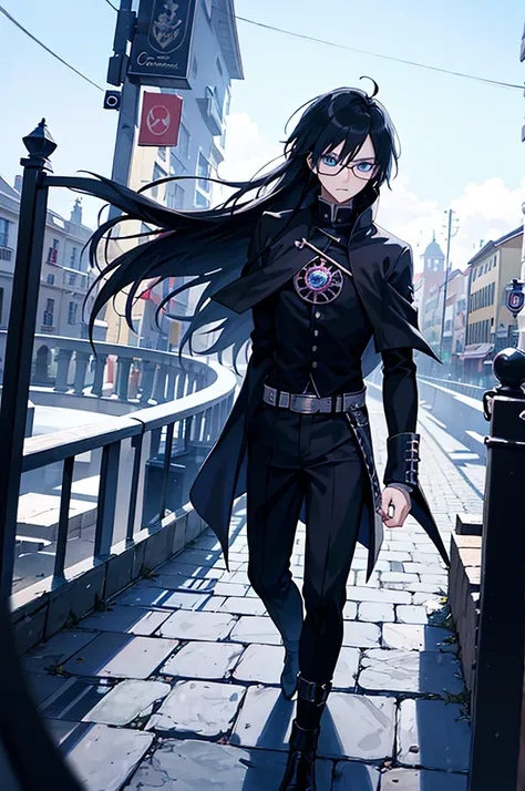 young man, magician, long black hair, blue eyes, wears glasses, wears black magician clothes, hair like Sasuke Uchihas, cold personality. Manly, medieval city background, adventurous magician.