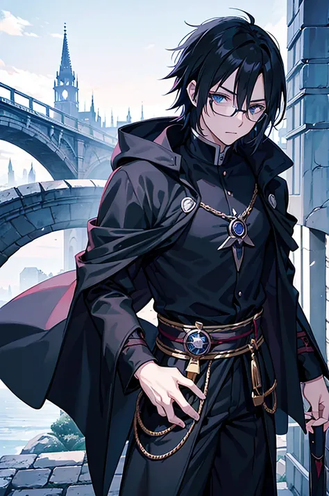 young man, magician, long black hair, blue eyes, wears glasses, wears black magician clothes, hair like Sasuke Uchihas, cold personality. Manly, medieval city background, adventurous magician.