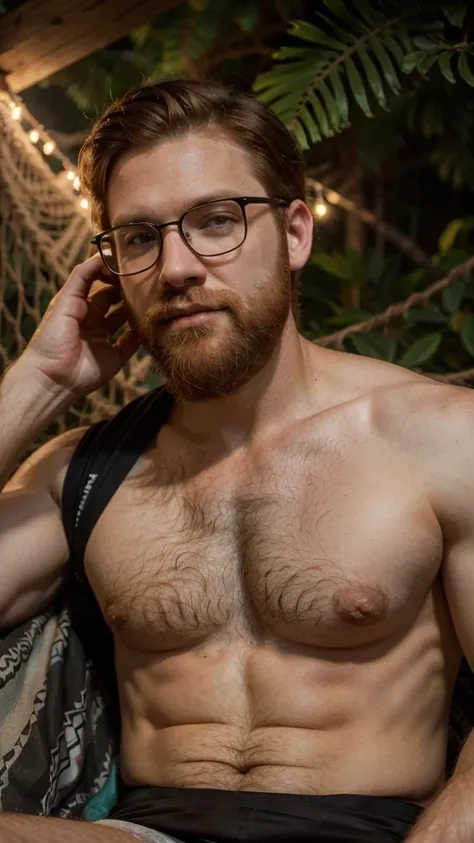 A portrait of a muscular redhead bearded man with short hair and a long beard wearing glasses, wearing shirt, laying on the hammock at the park, night, sleep(Best quality, 4k, Masterpiece :1.3)