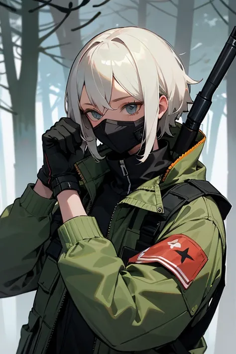 Balaclava,army jacket,full face masked, Break holding shootgun,perfect shootgun,detailed shootgun,Break perfect hands,Break forest,background