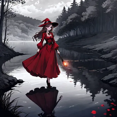 (best quality, 8k, masterpiece) A beautiful young witch，Wearing a red dress（European medieval style，Gothic style），Walking alone by the lake in the woods。Line drawing style，Suspenseful dark style。