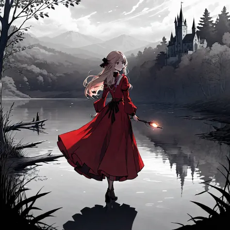 (best quality, 8k, masterpiece) A beautiful young witch，Wearing a red dress（European medieval style，Gothic style），Walking alone by the lake in the woods。Line drawing style，Suspenseful dark style。