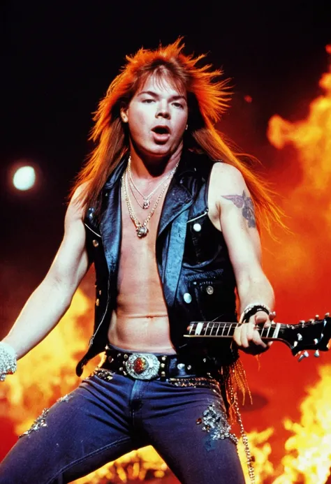 Axl Roses joven, Concert, fire, long hair, burst