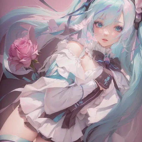 Anime girl with blue hair and a white dress holding a pink rose, hatsune miku portrait, Anime Style 4k, Anime Art Wallpapers 8K, portrait of hatsune miku, anime art wallpaper 4k, anime art wallpaper 4k, Best anime 4k konachan wallpaper, 4k anime wallpaper,...