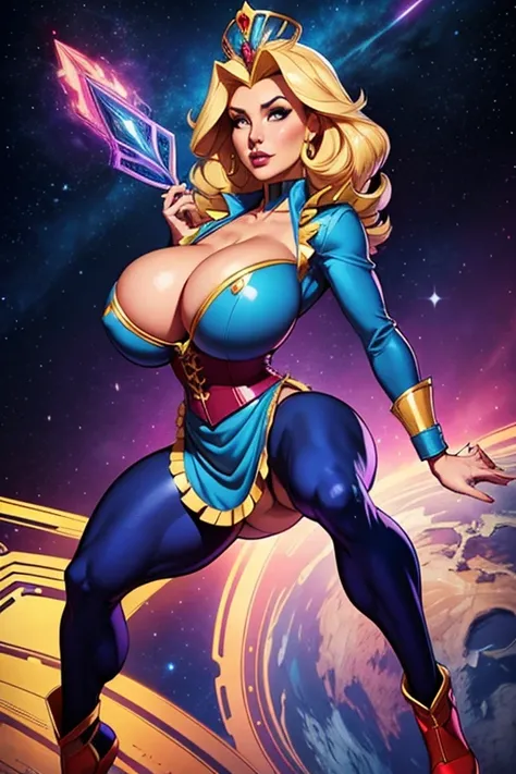 Rebecca The Big Breasted Cosmic Queen, woman, blonde, DD size, clothed, busty, Queen of Clubs, larger breast size, BIG BIGONZOS, BIGGER BIGONZOS, scepter, electric, electronic, tall, long legs, long torso, long breasted size, full body pose, leader, wider ...