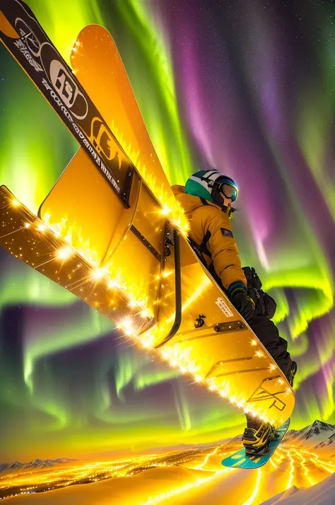 a close up of a person on a snowboard in the snow, golden meteors, magical colours and atmosphere, epic stunning atmosphere, magical colors and atmosphere, with aurora borealis in the sky, solar storm, endless cosmos in the background, max rive, northern l...