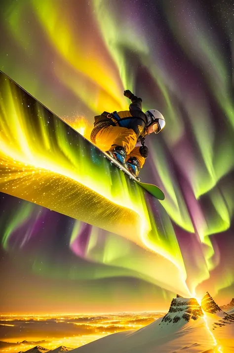 a close up of a person on a snowboard in the snow, golden meteors, magical colours and atmosphere, epic stunning atmosphere, magical colors and atmosphere, with aurora borealis in the sky, solar storm, endless cosmos in the background, max rive, northern l...