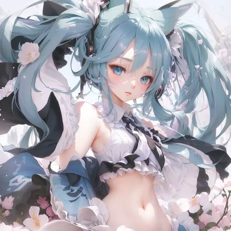 Anime girl with long hair and blue eyes posing in a flower bed, trending on artstation Pixiv, top rated on Pixiv, digital art on Pixiv, Mikudayo, Pixiv, guweiz on Pixiv artstation, Pixiv contest winner, Hatsune Miku portrait, Zerochan Art, Pixiv daily rank...