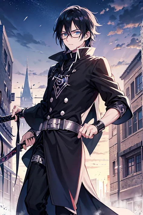 young man, magician, long black hair, blue eyes, wears glasses, wears black magician clothes, hair like Sasuke Uchihas, cold personality. Manly, medieval city background, adventurous magician.