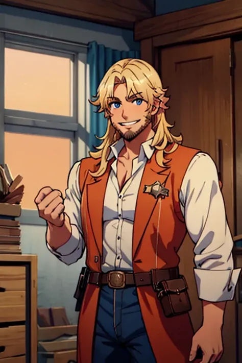 Perfect face. Perfect hands. A blonde muscular haired cowboy with blue eyes and a dark beard and long hair in a sheriffs outfit is exploring the outlaws den with a big smile