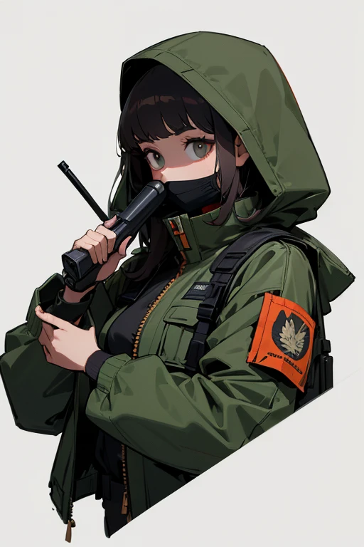 Balaclava,army jacket,full face masked,masterpiece,best quality,super detailed,super fine illustration,8k, Break holding shootgun,perfect shootgun,detailed shootgun,Break perfect hands,Break forest,background,Break she is holding a shootgun.