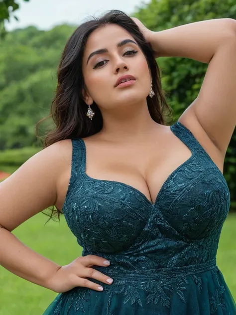 hyper realistic indianbeautiufl woman showing her chubby underarms, chubby arms, sleeveless black blouse, realistic underarms, detailed skin texture, sexy curvy plus size model woman standing in Garden daydream”on the grass, gazing up at the sky with a dre...