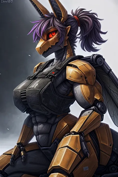 {{real e621}}, {{{photorealistic}}}, masterpiece, blocky angular mechanical robotic jackal head and breasts, black body, sharp glowing orange eyes, looking at viewer, full body portrait, kneeling, mechanical clawhands, ((wearing bulletproof vest and digita...