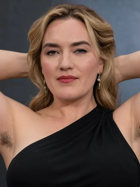 hyper realistic hollywood actress Kate Winslet showing her chubby underarms, chubby arms, sleeveless black blouse, realistic underarms, detailed skin texture, realism, ultra hd, 8k resolution.