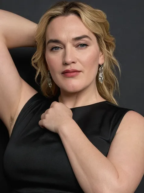 hyper realistic hollywood actress Kate Winslet showing her chubby underarms, chubby arms, sleeveless black blouse, realistic underarms, detailed skin texture, realism, ultra hd, 8k resolution.