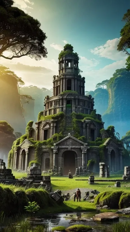 Hyper-realistic digital painting of a mysterious island with ancient ruins guarded by mythical creatures. The ruins are remnants of a once-great civilization, with towering stone structures covered in moss and vines. Giant statues of mythical guardians sta...