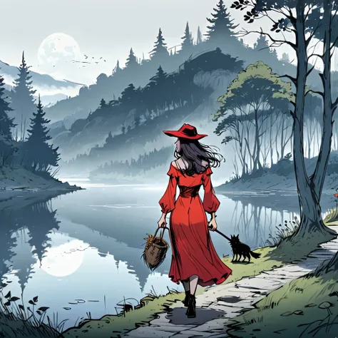 (best quality, 8k, masterpiece) a beautiful young witch，wearing a red dress（european medieval style，gothic style），walking alone ...