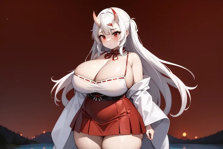 1girl, white hairs, red eyes, skimpy white-red kimono, long hair, lake, night, cleavage, oni, armored skirt, oni horns, shortsta...