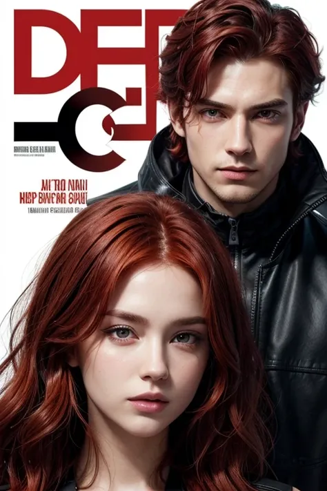 Cover of a digital style book with a woman with red hair and a man with dark hair and dark eyes 