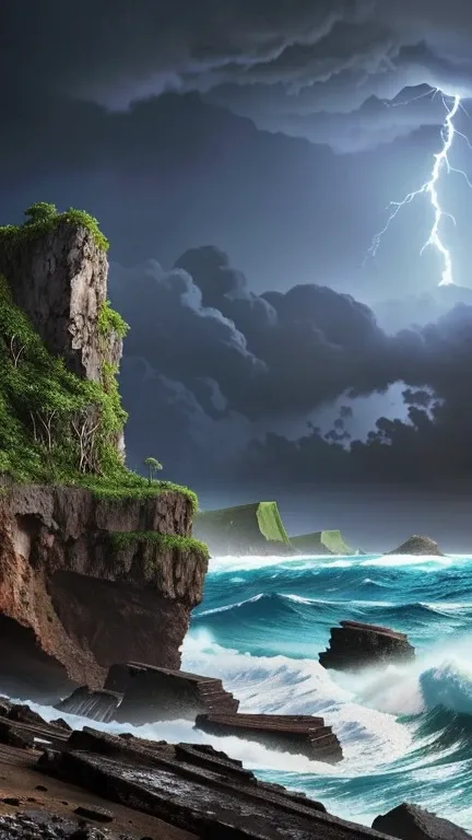 Hyper-realistic digital painting of a mysterious island during a violent storm. Dark clouds swirl above, and lightning illuminates the jagged cliffs and rocky shore. Waves crash against the rocks, and the remains of a shipwreck are visible, partially subme...