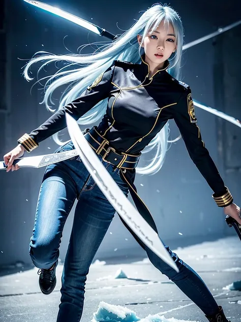 Asian，woman，25 years old，The appearance is overwhelming，Long white blue hair，Blue Eyes，Height 1.75 meters，Weight 54 kg，Golden ratio figure，The upper body is wearing a close-fitting blue Chinese sexy bellyband and a blue long-sleeved tactical jacket，Wearing...