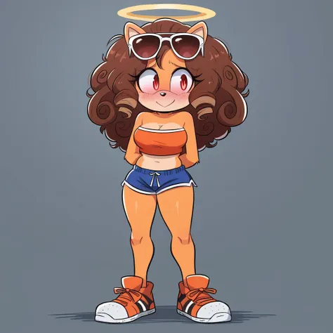 score_9, score_8_up, solo, mobian, hedgehog, two-tone fur ((orange fur, brown fur)), pyjama elastic shorts, strapless crop top, cleavage, high-top sneakers, two-tone hair (brown hair, black tip)), curly hair, halo, sunglasses, jewelry, red eyes, longeyelas...