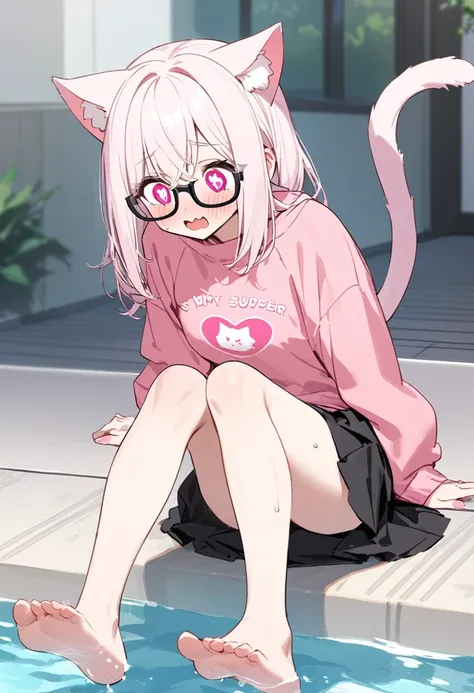 I have white pink hair, cat ears, A good, my face is super red, black glasses, pink heart eyes, a big pink sweatshirt, a black skirt a cat tail, a woman. very shy sitting in a pool her feet are inside