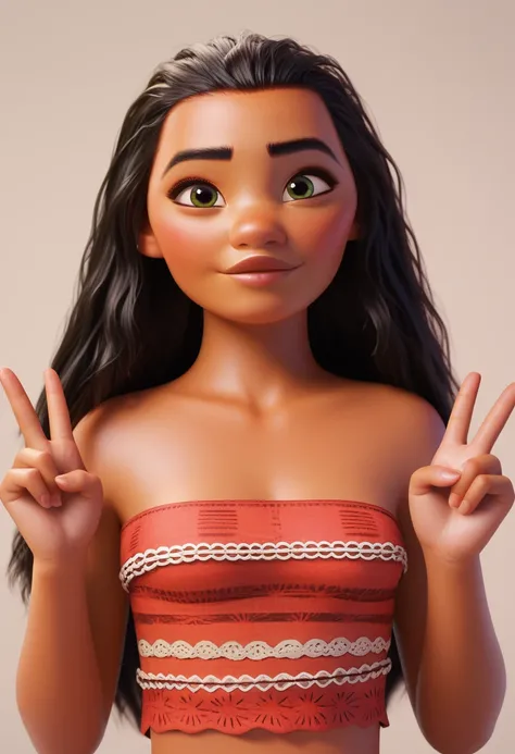  moana, 1girl, 独奏, jewelly, long  hair, necklase, Bblack hair, darkskin, mulher de darkskin, bared shoulders, breasts big, strapless, tube top, eyes black, bare arms, ssmile, plein-air, short top, peace sign, tilt your head, tiro de cowboy, coxas nuas, ((s...