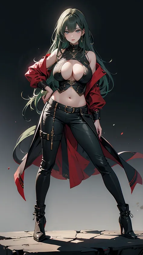 Highest quality、masterpiece、8k、Realistic、超High resolution、Very delicate and beautiful、High resolution、Fantasy World、Perfect female body、Beautiful woman、Mature Woman、Green Hair、long hair、Attractive body、Large Breasts、Big Breasts、Big Tits、Black military unif...