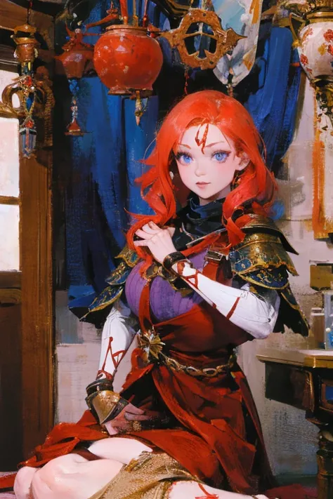 A red-haired girl wields the Heavy Thrusting Swords from within the Elden Ring in a reverse grip.