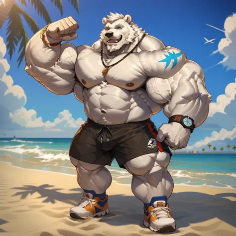 huge muscular polar bear in venice beach, los angeles, big smile, polar bear, huge white fur, thick arm, huge arm, bearded. whit...