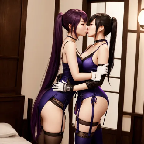 sexy ayane and kasumi from doa (dead or alive), 2 girls, wearing sexy traditional tight asian dresses, noble elegant dress, perf...