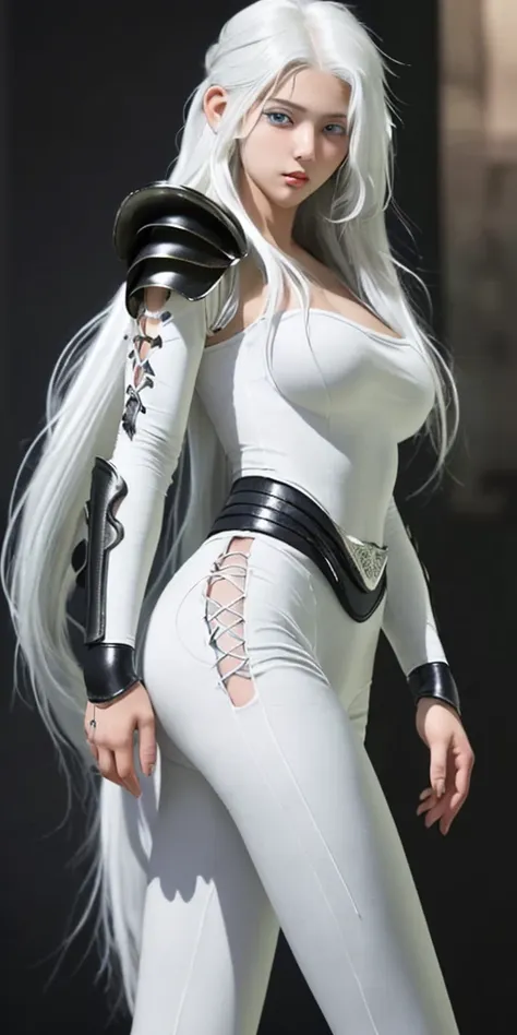 beautiful girl with white hair in tight-fitting armor with a white bottom, black pants, fantasy, slim and beautiful figure