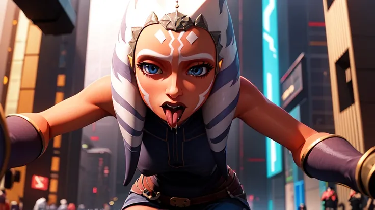 (masterpiece, best quality, ultra-detailed), AhsokaTano, (orange skin:1.2), sexy, young, teen, 13yearold, blue eyes, makeup, small breasts, blue shirt, vambraces, fingerless gloves, hip armor, blue skirt, blue leggings, standing, from behind, looking at vi...